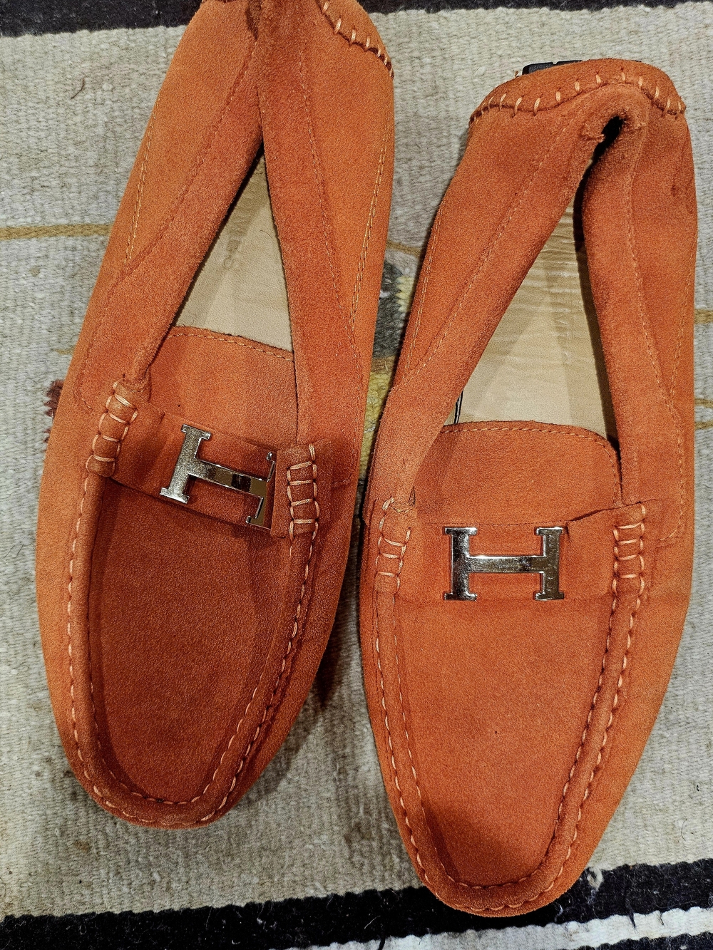 Men's Orange Suede Moccasin Loafers with Silver 'H' Accent